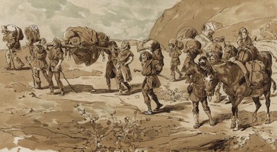 Ściółka, tragarzy i załadowane juczne muły, czas wypraw krzyżowych, XI wiek autorstwa Armand Jean Heins