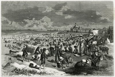 Plaża w Ostendzie. Grawer autorstwa A.Heinsa, ilustrujący historię „La Belgique” autorstwa Camille Lemonnier (1844-1913), pisarza i krytyka sztuki. Opublikowano w Tour du monde nowym czasopiśmie des voyages autorstwa Armand Jean Heins