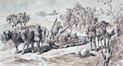 Woły ciągnące prymitywne sanie wyładowane kamieniami, 1886 autorstwa Armand Jean Heins