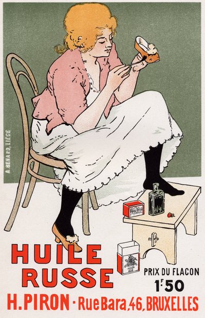 Styl życia. Moda. Rosyjski olej, naprawa obuwia. Plakat Armanda Rassenfosse, Belgia, c.1895 (plakat) autorstwa Armand Rassenfosse