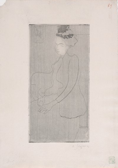 Femme assise avec chapeau a pióropusze (siedząca kobieta w kapeluszu z piórami) ok. 1893 r. (akwaforta) autorstwa Armand Séguin