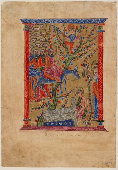 Folio z rękopisu ormiańskiego: Wjazd do Jerozolimy, ok. 1500 (atrament, nieprzezroczysta toaleta i złoto na papierze) autorstwa Armenian School