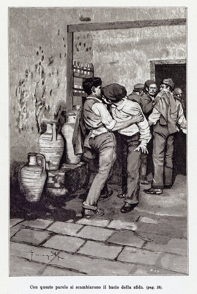 Zaproszenie na sycylijski pojedynek przez śmiertelnego „pocałunku”, właściwie ugryzienie w ucho. Ilustracja autorstwa Arnaldo Ferraguti do nowej „Cavalleria Rusticana” Giovanniego Vergi. 1897 autorstwa Arnaldo Ferraguti