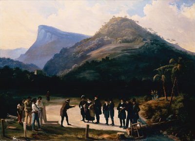 Architekt wraz ze swoimi Patronami przygotowujący się do położenia kamienia węgielnego pod willę pod górą Corcovado (olej na płótnie) autorstwa Arnaud Julien Pallière