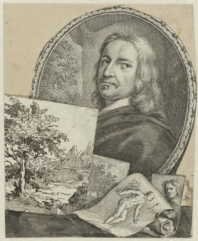 Portret Philippe’a de Champaigne’a w technice kolażu autorstwa Arnold Houbraken