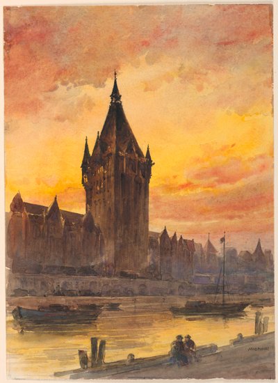Zachód słońca nad wieżą i rzeką autorstwa Arnold William Brunner