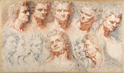 Trzynaście badań opartych na rzymskiej głowie cesarskiej (czarno-czerwone kredy z brązowym tuszem na białym papierze) autorstwa Arnold or Artus the Elder Quellin I