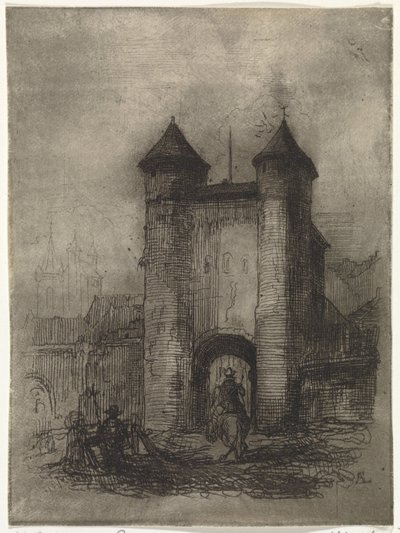 Widok na Helpoort w Maastricht od strony pola Porte du Jaer (tytuł na obiekcie) autorstwa Arnoud Schaepkens