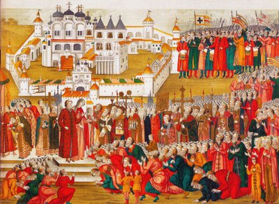Tłum w klasztorze Hypatian błaga matkę Michaiła Romanowa, aby pozwoliła mu pojechać do Moskwy i autorstwa Artamon Sergeevich Matveyev