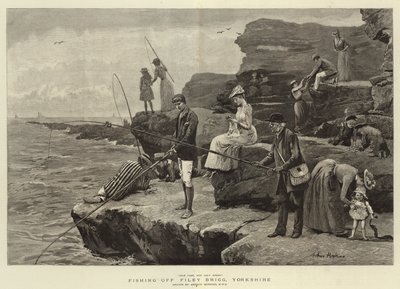 Wędkowanie przy Filey Brigg, Yorkshire (grawerowanie) autorstwa Arthur (after) Hopkins