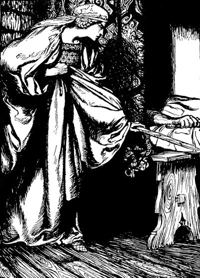 Morgan le Fay kradnący miecz Artura autorstwa Arthur (after) Rackham