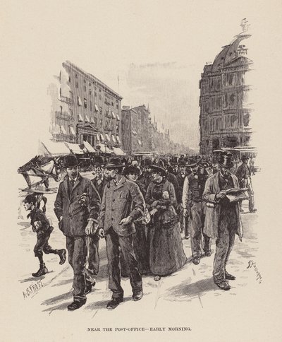 W pobliżu urzędu pocztowego, wczesnym rankiem (grawerunek) autorstwa Arthur Burdett Frost