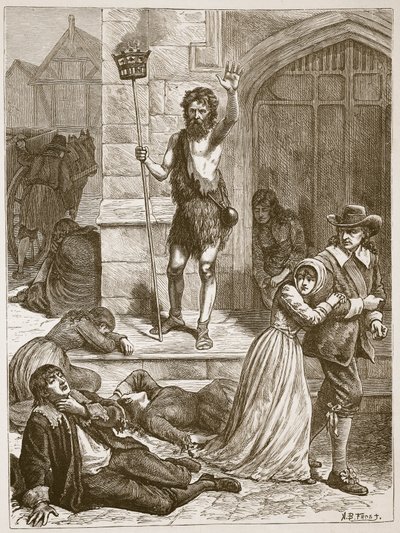 Maniak ogłaszający zagładę Londynu podczas Wielkiej Plagi, ilustracja z "Cassell