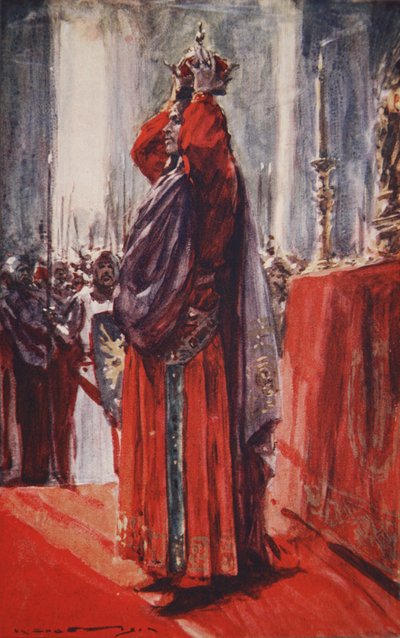 Dotarł do ołtarza, na którym leżała korona: podnosząc ją, położył na głowie, ilustracja z „Historii Niemiec” J.E. Marshall autorstwa Arthur C. (after) Michael