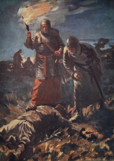 Na próżno szukali jego martwego ciała wśród zabitych, ilustracja z „Historii Niemiec” J.E. Marshall autorstwa Arthur C. (after) Michael