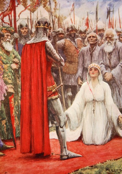 Król Edward spojrzał w błagające oczy królowej Filippy (kolor lito) autorstwa Arthur C. (after) Michael