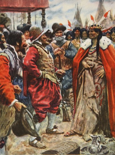 Ukoronowanie Powhatana, ilustracja z „This Country of Ours, The Story of the United States” H.E. Marshall autorstwa Arthur C. (after) Michael