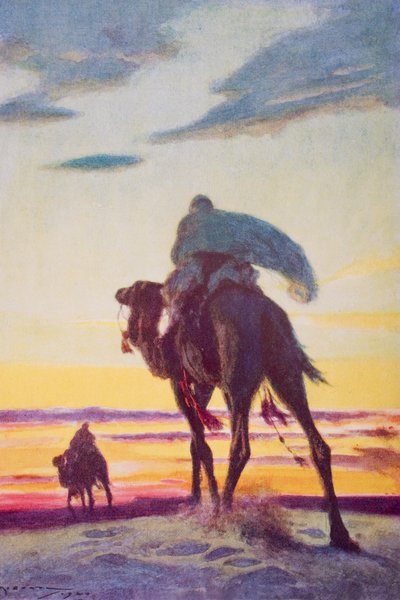 Lot Mahometa do Medyny, ilustracja z „Zarysu historii” H.G. Wellsa, tom II, wydanej w 1920 r. (kolor lito) autorstwa Arthur C. (after) Michael