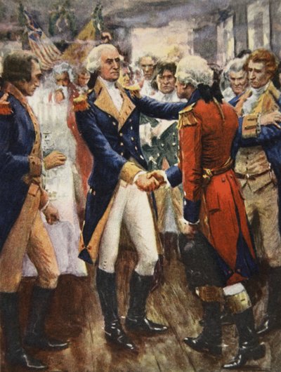 Waszyngton żegnający się ze swoimi oficerami, ilustracja z „This Country of Ours, The Story of the United States” H.E. Marshall autorstwa Arthur C. (after) Michael