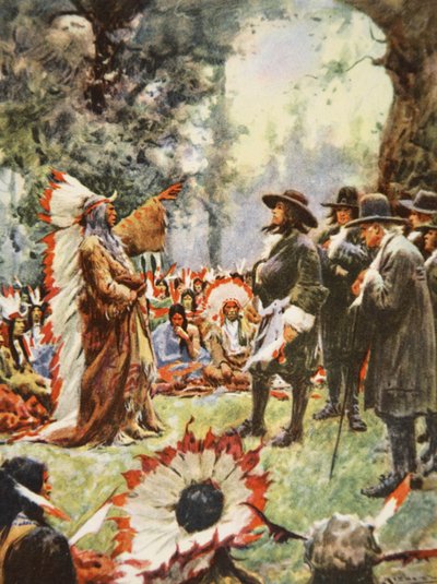 Traktat Williama Penna z Indianami, ilustracja z „This Country of Ours, The Story of the United States” H.E. Marshall autorstwa Arthur C. (after) Michael