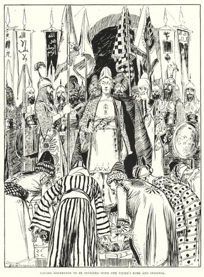 Sprawił, że Noureddin został obdarzony szatą i insygniami wezyra (grawerowanie) autorstwa Arthur David McCormick