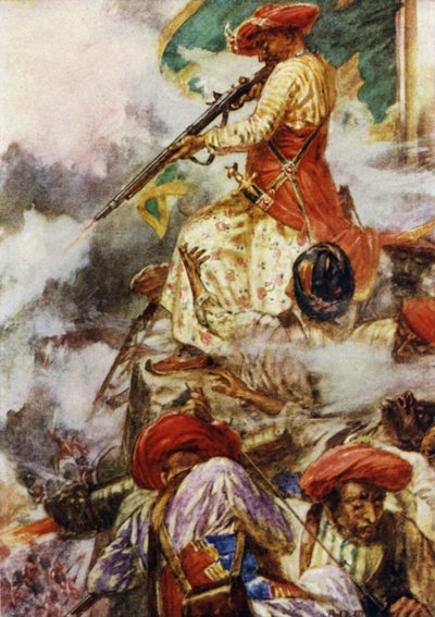 Sam Tipu stał, strzelając chłodno do swoich nacierających wrogów autorstwa Arthur David McCormick