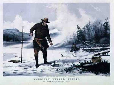 Amerykańskie sporty zimowe: łowienie pstrągów na jeziorze Chateaugay, wyd. przez Currier i Ives autorstwa Arthur Fitzwilliam (after) Tait