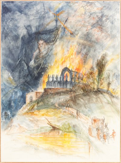 Budowla kościelna w płomieniach, a nad nią demony autorstwa Arthur Frederick Payne