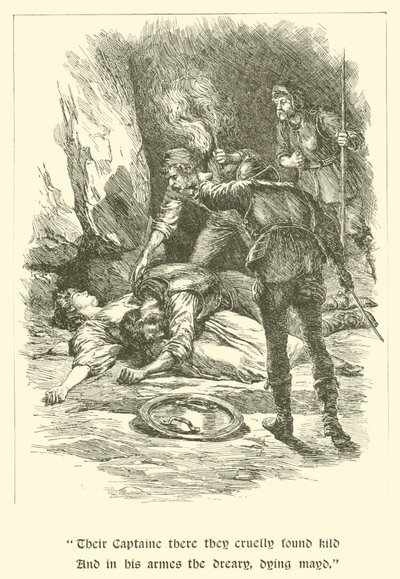 Sir Calidore, rycerz uprzejmości, w jaskini rozbójników (rycina) autorstwa Arthur George Walker