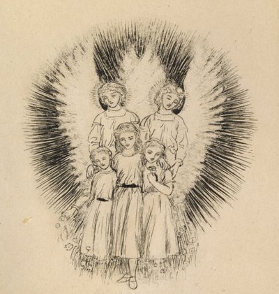 Troje małych dzieci na szerokiej, szerokiej Ziemi (pióro i czarny atrament na złamanym białym papierze) autorstwa Arthur Hughes