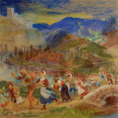 Wieśniacy uciekający przed smokiem autorstwa Arthur Hughes