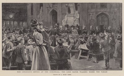 Kolacja dla dzieci w Guildhall, burmistrz spacerujący wokół stołów autorstwa Arthur Kemp Tebby