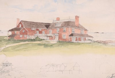 Drewniany dom w pobliżu wody to być może wczesny pomysł na Cliffs, Manchester, Mass..., ca. 1879. autorstwa Arthur Little