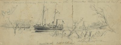 USS Currituck i holownik Seth Low na rzece Pamunkey, 1862 r. autorstwa Arthur Lumley