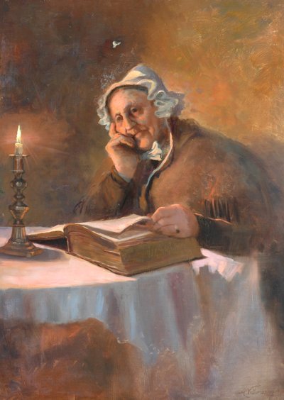 Portret starej kobiety czytającej Biblię przy świecach, 1896 autorstwa Arthur Netherwood