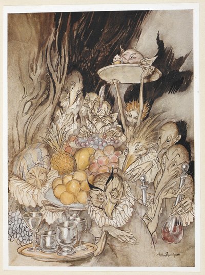 ATO III: Cena III, linha 19 Entre em várias formas estranhas, trazendo um banquete... convidando o Rei, etc, para comer.polonês autorstwa Arthur Rackham