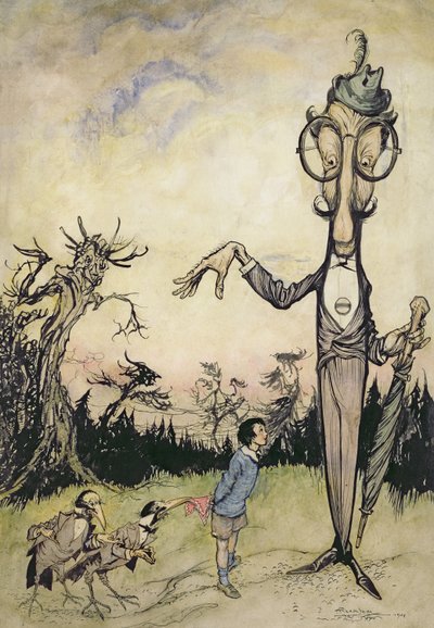 Gigant z dzieckiem i dwoma wronami, ilustracja z Księgi Betty Barber autorstwa Maggie Brown, wyd. 1910 (pióro i atrament, później kolorowane przez Harry