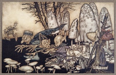 Grupa robotników, którzy piłowali muchomor, pospiesznie oddaliła się, zostawiając za sobą narzędzia, od Piotrusia Pana w Kensington Gardens JM Barrie (1860 - 1937), pub. 1906 autorstwa Arthur Rackham