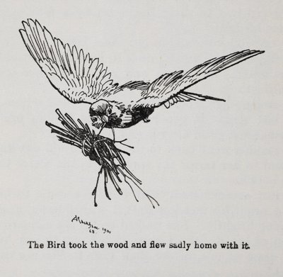 Ptak niosący wiązkę gałązek. autorstwa Arthur Rackham