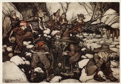 Towarzystwo dziwnie wyglądających osób grających na ninepins., z pubu Rip Van Winkle by Washington Irving. 1910 autorstwa Arthur Rackham