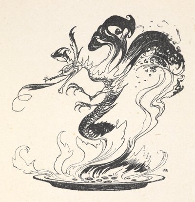 Smok wyłaniający się z talerza z płonącymi pieniędzmi autorstwa Arthur Rackham