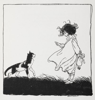 Dziewczyna z lalką mówi o swoim kotku. autorstwa Arthur Rackham