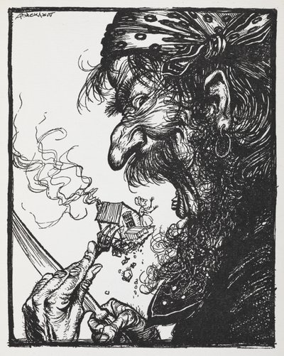 Duży mężczyzna zjada malutką damę i jej dom. autorstwa Arthur Rackham