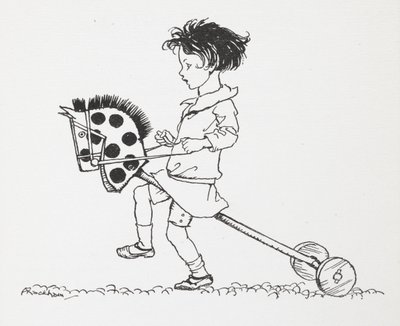 Mała dziewczynka na zabawkarskim koniu hobby. autorstwa Arthur Rackham