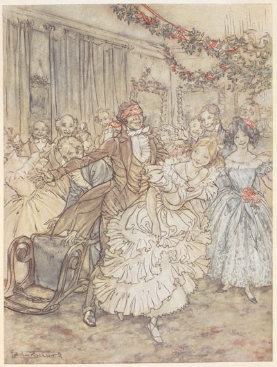 Impreza grająca w blef ślepca. Mężczyzna z zasłoniętymi oczami goni kobietę w plisowanej sukience autorstwa Arthur Rackham
