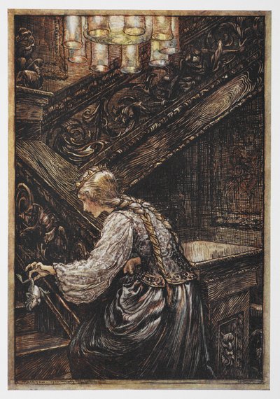 Księżniczka niosąca żabę z filmu The Frog Prince. autorstwa Arthur Rackham