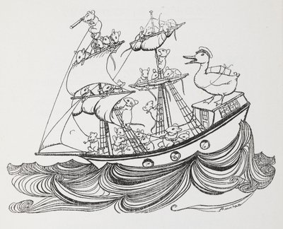 Statek z załogą myszy i kaczką na czele. autorstwa Arthur Rackham