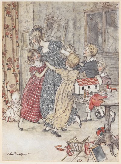 Młoda kobieta i dzieci tańczą wokół pokoju zabaw pełnego zabawek autorstwa Arthur Rackham