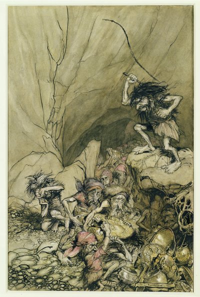 Alberich jeździ w zespole Nibelungów obładowanych złotem i srebrem, ilustracja z pubu Złoto Renu i Walkiria Ryszarda Wagnera (1813-83). 1910 (pióro i atrament, wc) autorstwa Arthur Rackham
