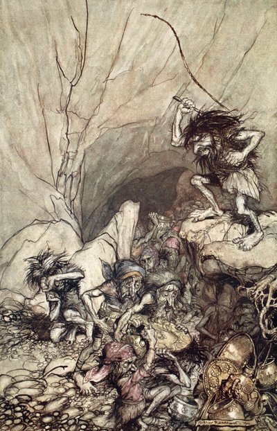 „Alberich jeździ w bandzie Nibelungów ze złotymi i srebrnymi skarbami”, 1910. autorstwa Arthur Rackham